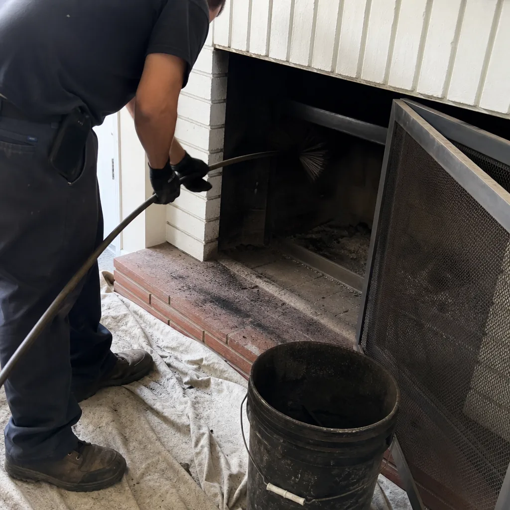 Professional chimney sweep cleaning a fireplace with a brush tool