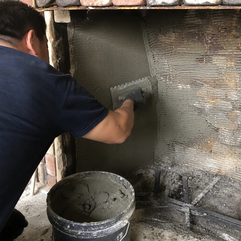 Worker applying mortar to a fireplace firebox for professional repair services